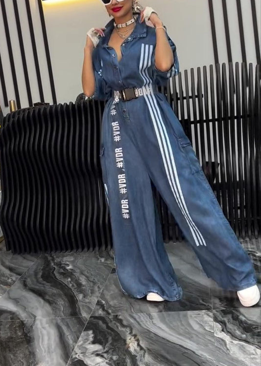 Paneled Striped Wide-leg Drawstring Denim Jumpsuit