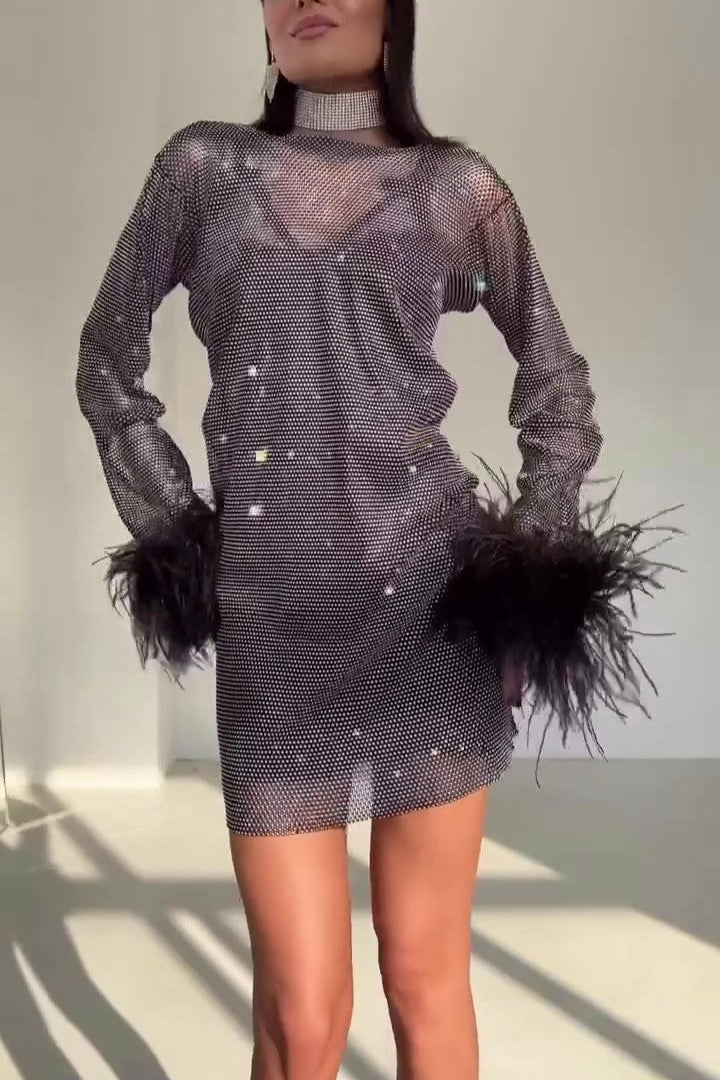 Rhinestone Fishnet Feather Panel Dress