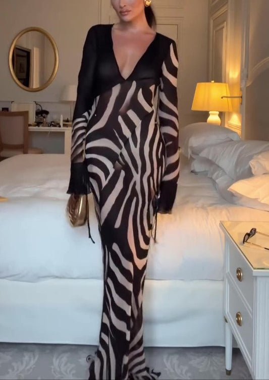 Elegant Mesh Zebra Print Lace-Up Dress