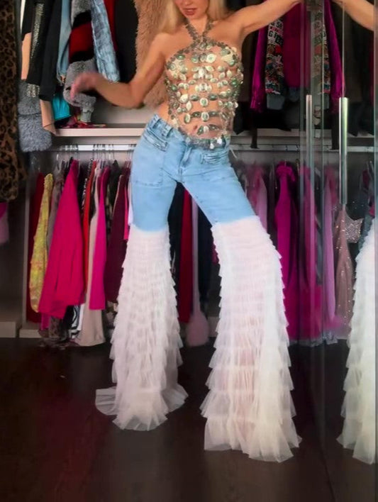 Denim Mesh Patchwork Mopping Pants