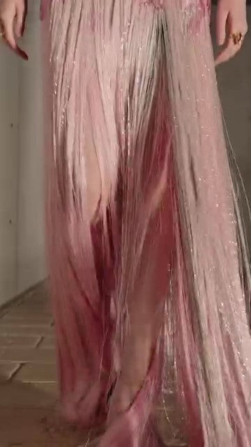 Sleeveless Embroidered Faille Gown With Fringe
