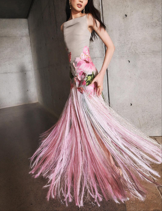 Sleeveless Embroidered Faille Gown With Fringe