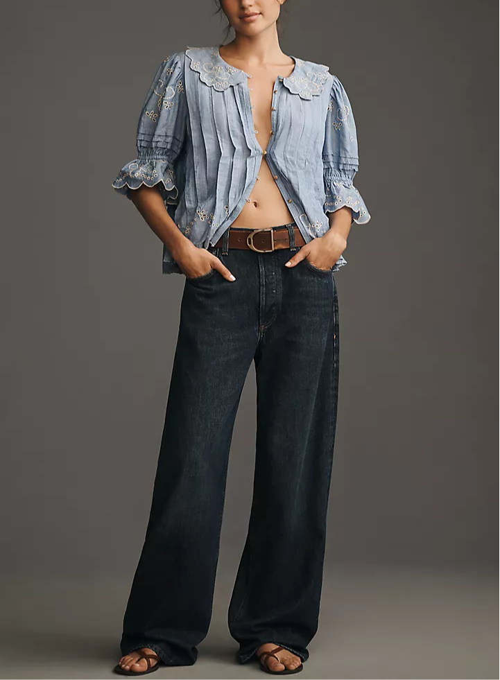 Short-Sleeve Collared Pleated Blouse