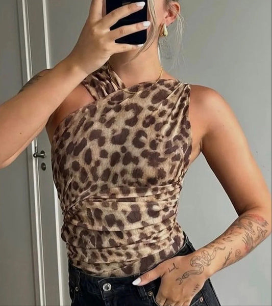 Elegant Strap Leopard Print Sleeveless Top