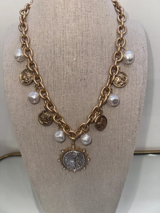 Silver & Gold Pearl and coin charm necklace