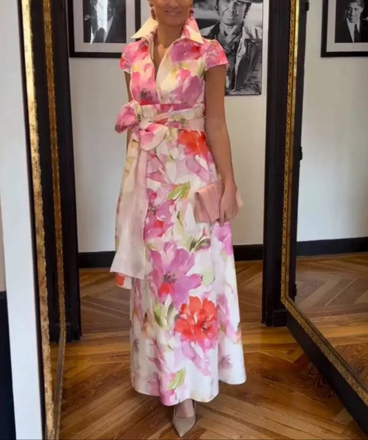 Shirt Collar Short Sleeve Tie Waist Printed Dress