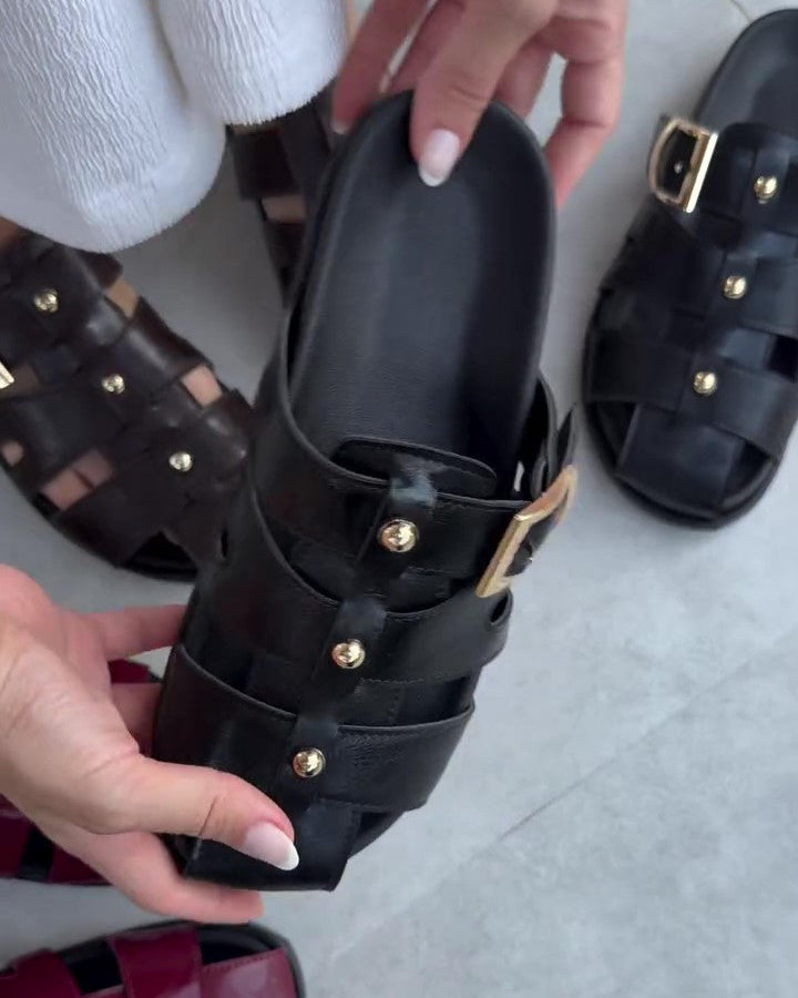 Closed-toe Square-buckle Leather Sandals