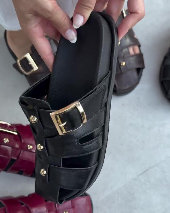Closed-toe Square-buckle Leather Sandals
