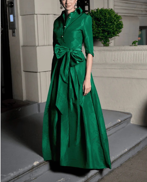 Elegant Green Bow Long Dress
