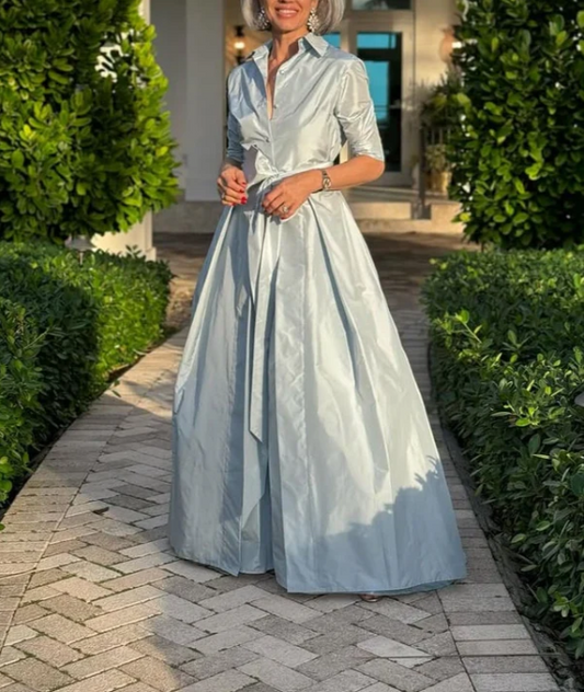 Elegant Blushed Blue Bow Belted Maxi Dress
