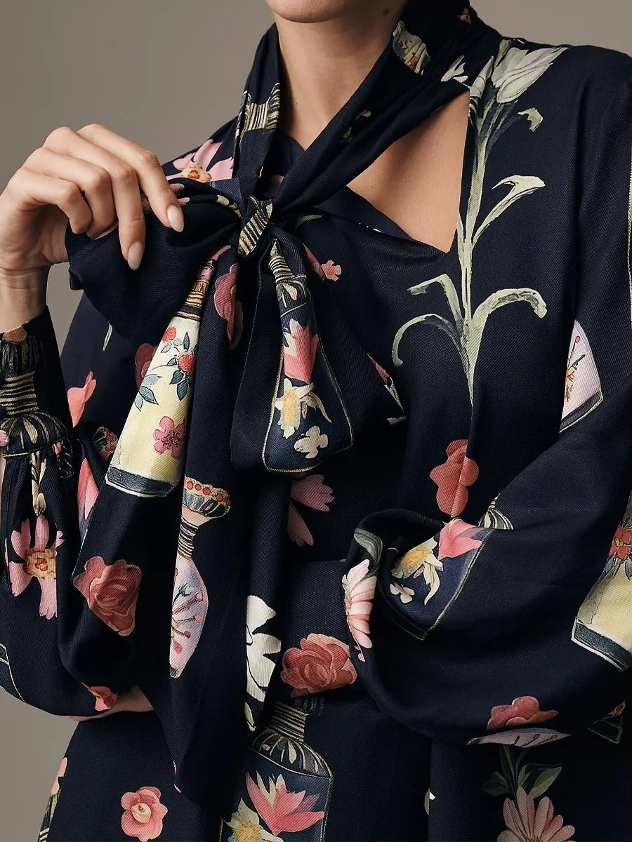 Adjustable Tie-neck Printed Loose Mini Dress