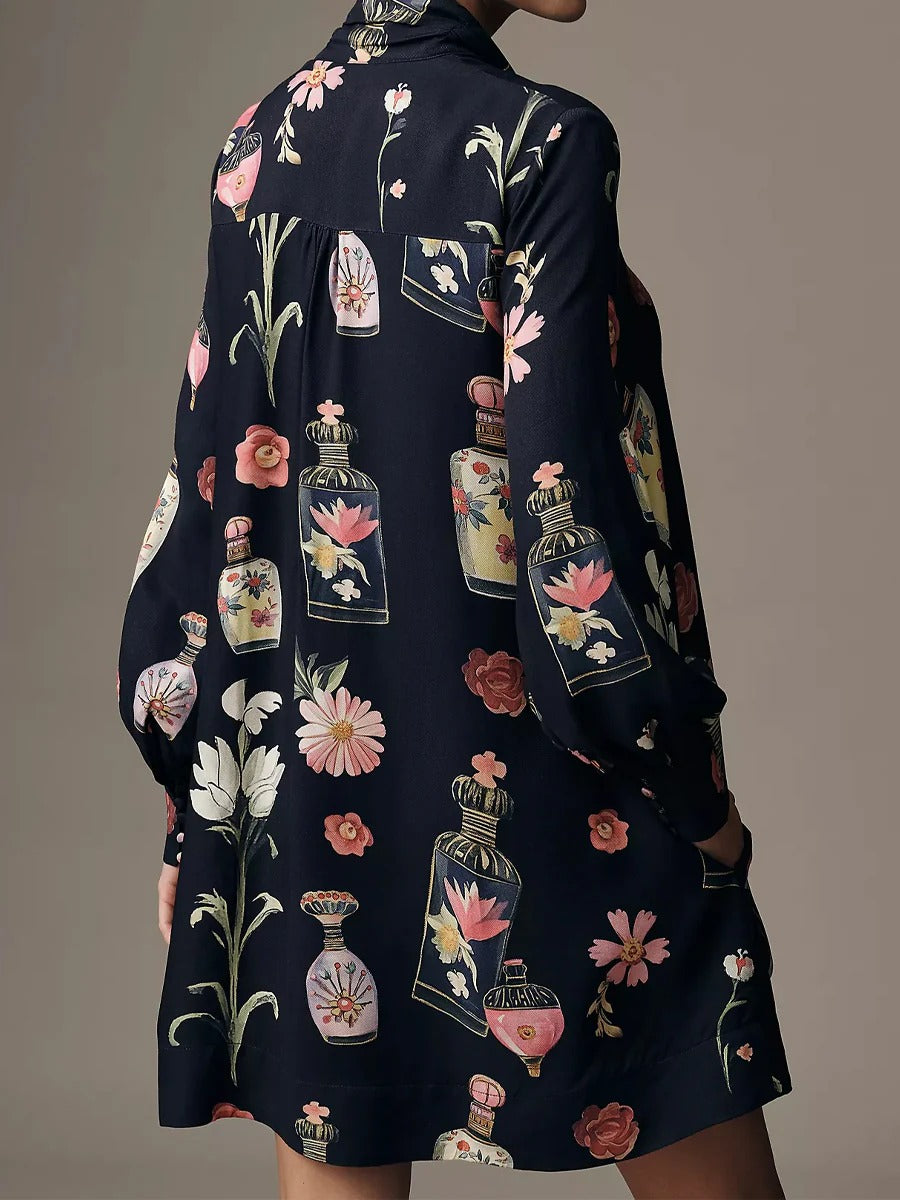 Adjustable Tie-neck Printed Loose Mini Dress