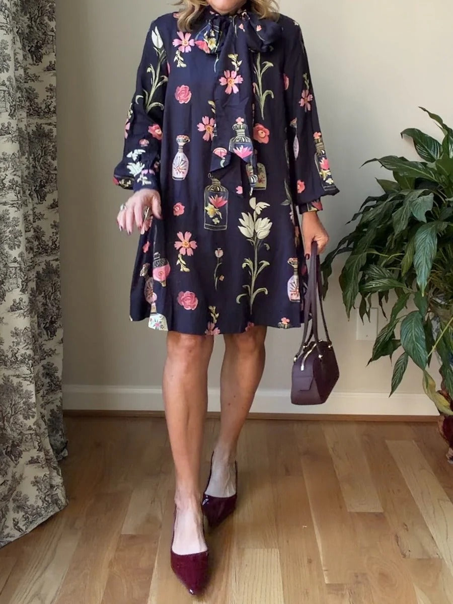 Adjustable Tie-neck Printed Loose Mini Dress