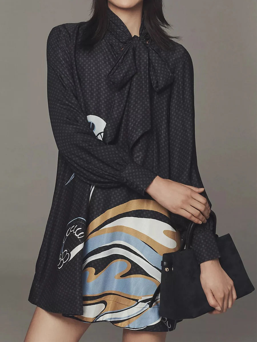 Adjustable Tie-neck Printed Loose Mini Dress