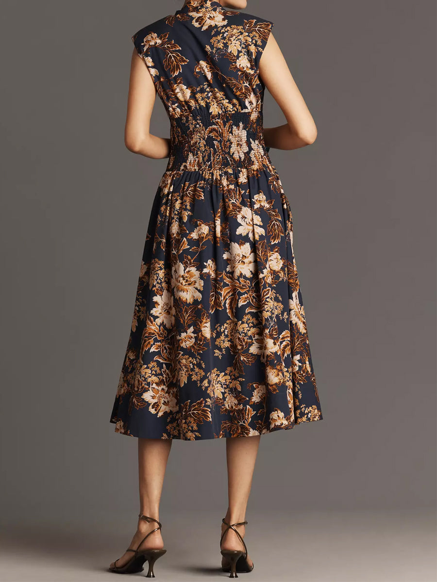 Printed V Neck Zip-Front Midi Dress