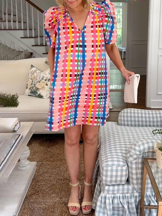 V Neck Puff Sleeve Printed Mini Dress
