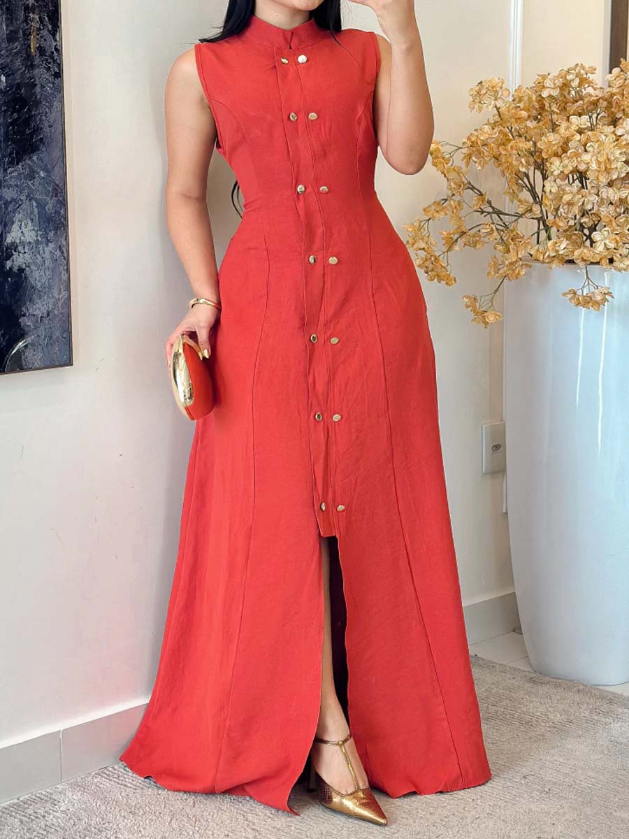 Button Up Sleeveless Elastic Waist Dress