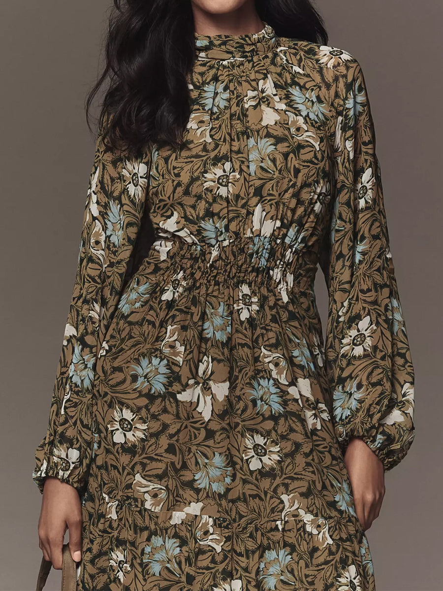 Long-Sleeve Mock-Neck Chiffon Maxi Dress