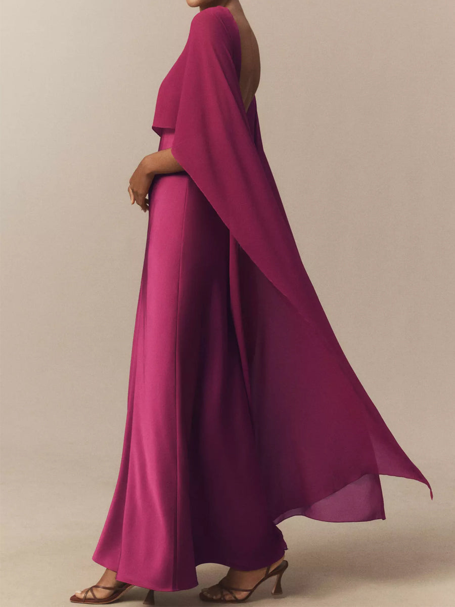 V-Neck Cape Satin Maxi Dress