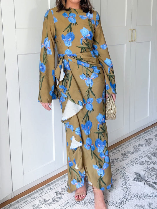 Floral Print Ruffled Long Sleeve Maxi Dress