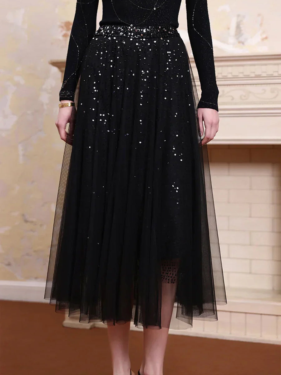 Knit Turtleneck Top & Sequined High Waist Skirt