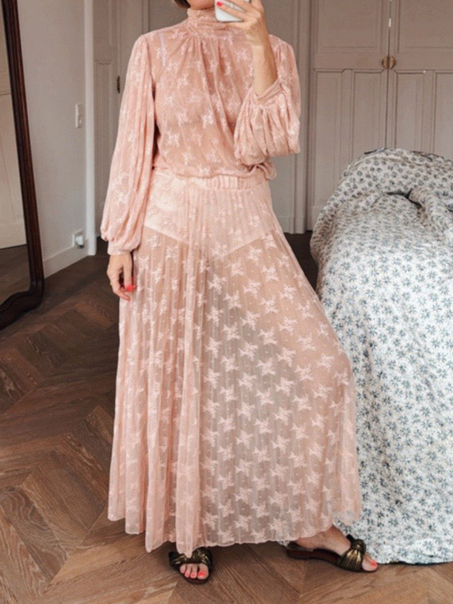 High Neck Puffed Sleeve Lace Two Pieces Dress