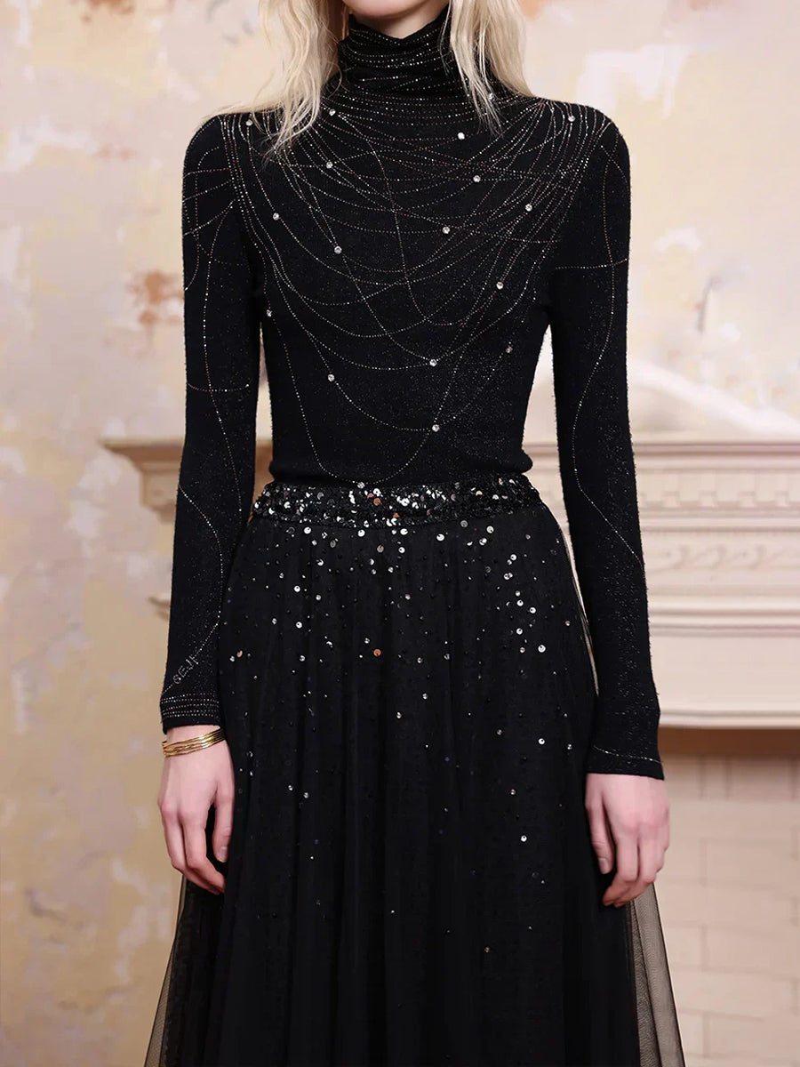 Knit Turtleneck Top & Sequined High Waist Skirt