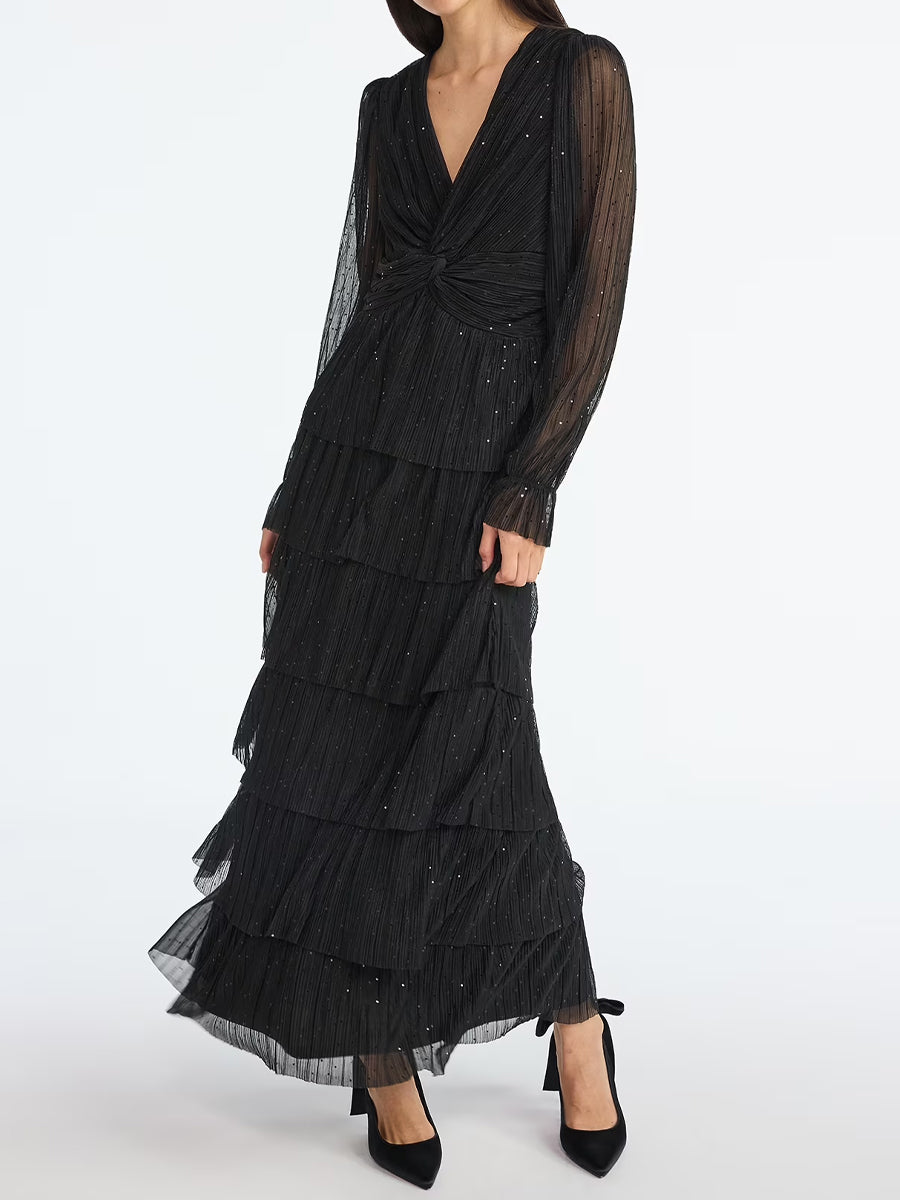 Twist Knot Glitter Ruffle Maxi Dress