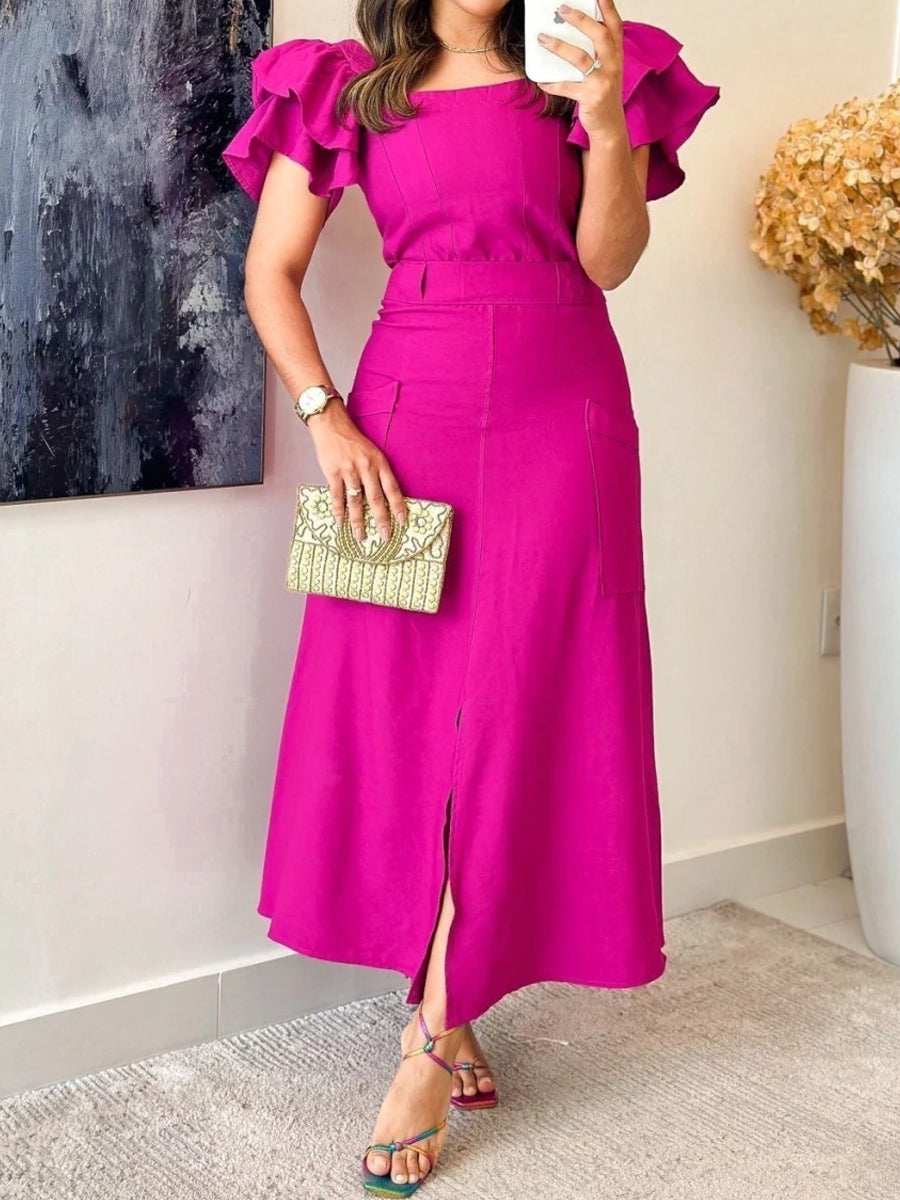 Square Collar Fly Sleeve Slit Two Pieces Dress
