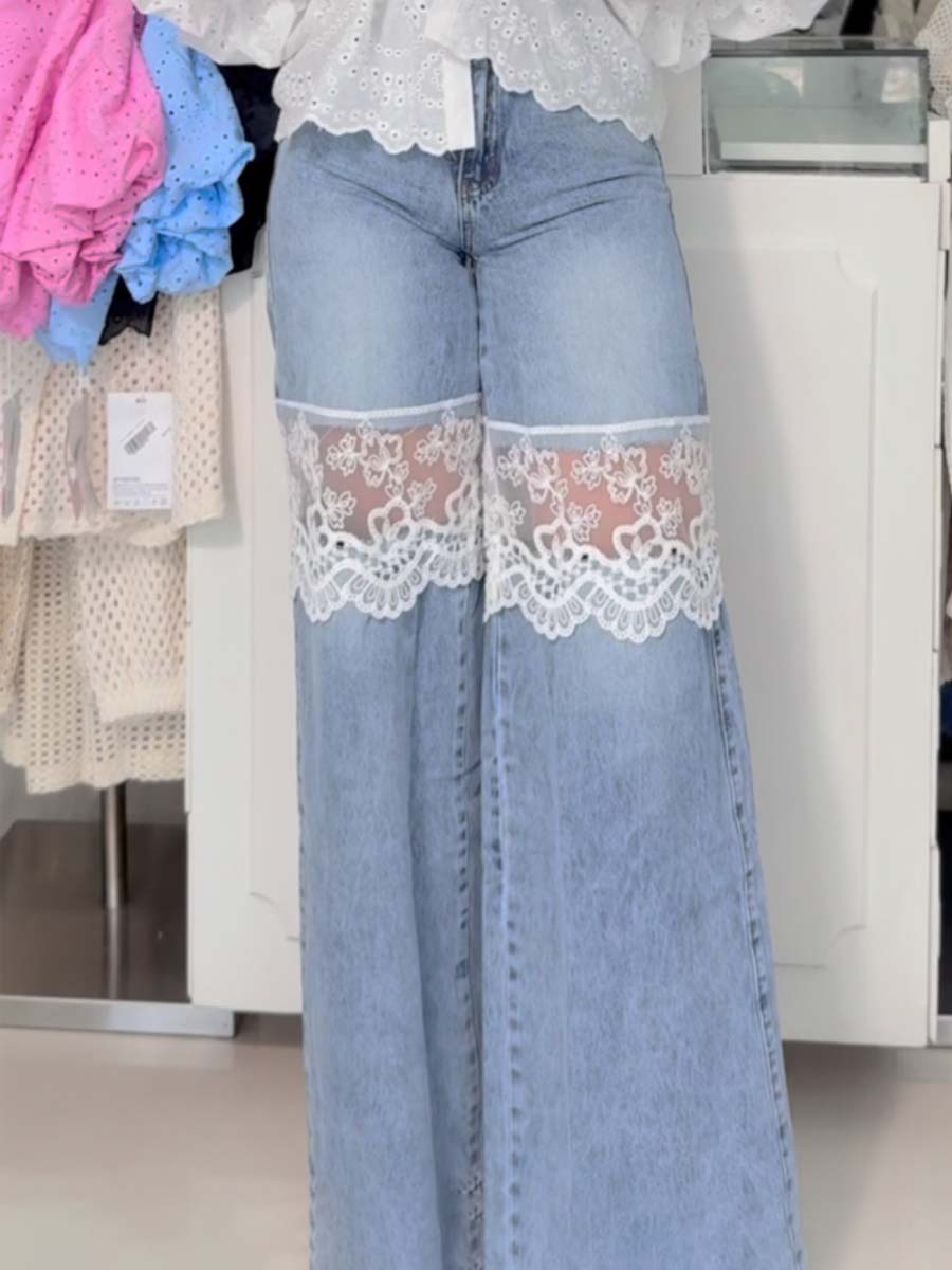 Denim Lace Patchwork High Waist Pants