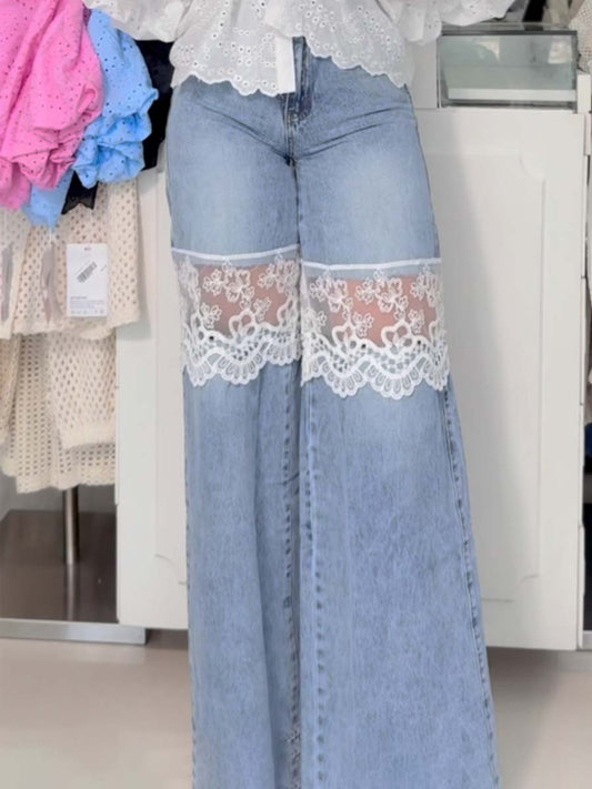 Denim Lace Patchwork High Waist Pants