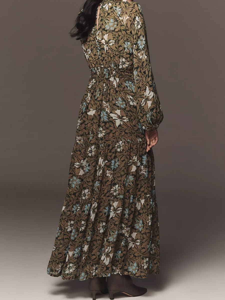 Long-Sleeve Mock-Neck Chiffon Maxi Dress