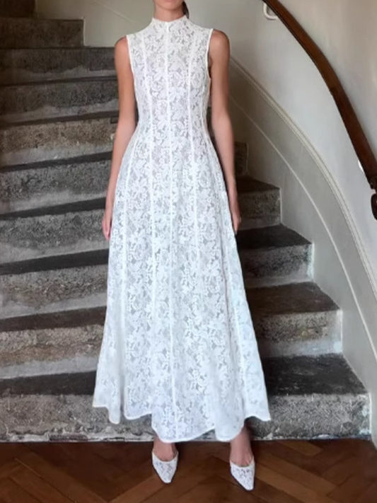 Sleeveless High Collar Vintage Lace Dress