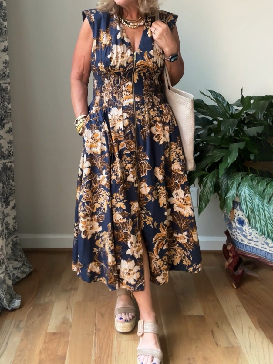 Printed V Neck Zip-Front Midi Dress