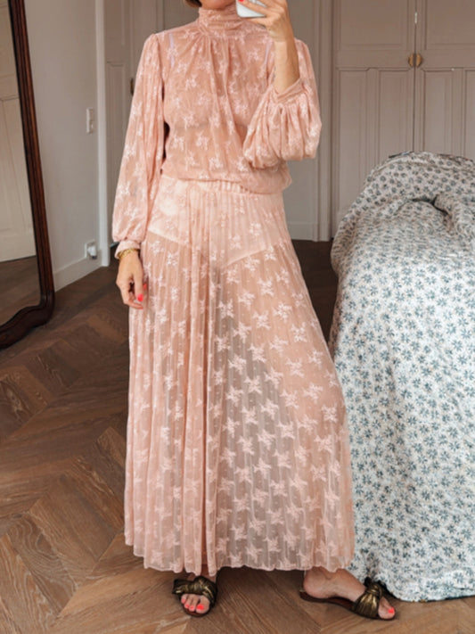 High Neck Puffed Sleeve Lace Two Pieces Dress