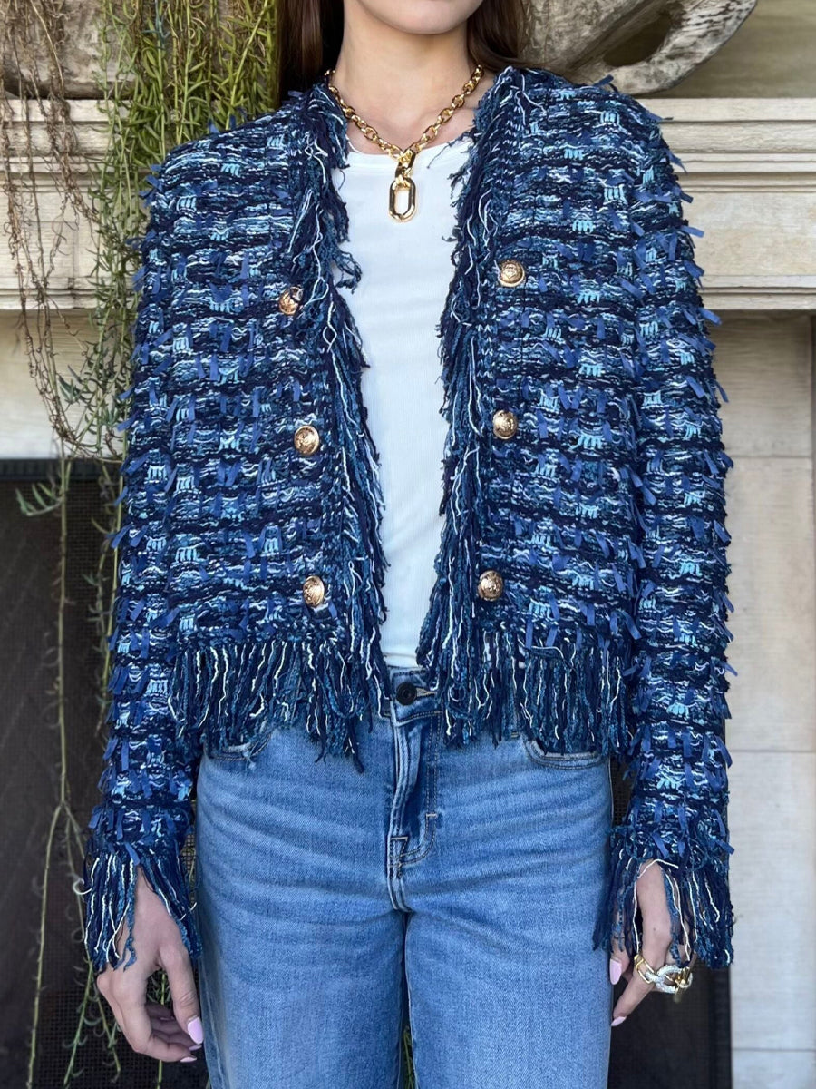 Open Front Tweed Pattern Fringe Jacket