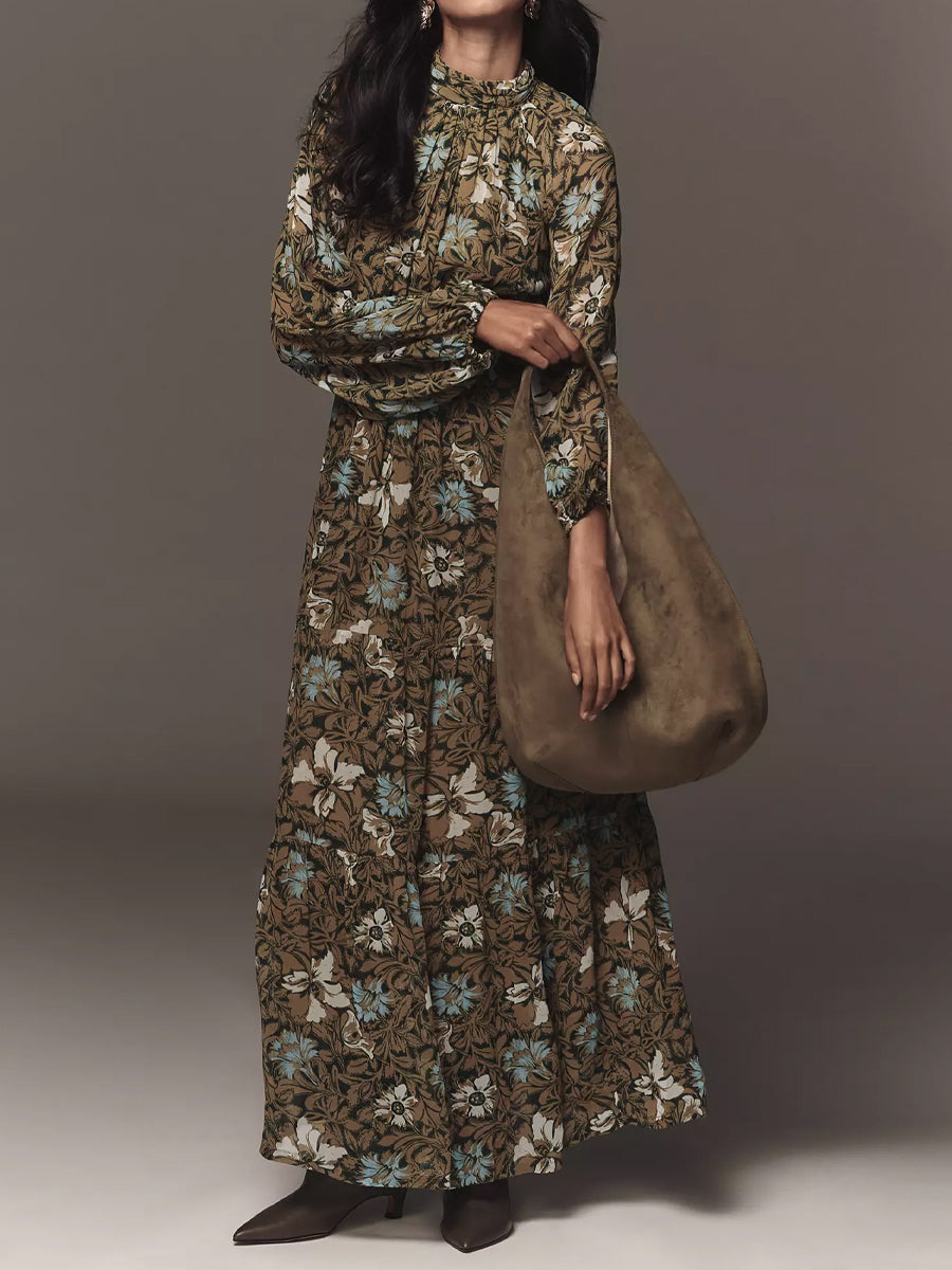 Long-Sleeve Mock-Neck Chiffon Maxi Dress