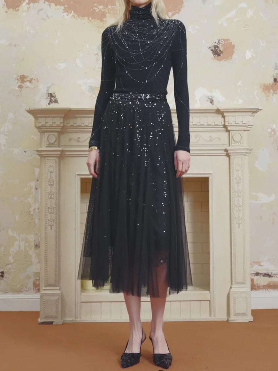 Knit Turtleneck Top & Sequined High Waist Skirt