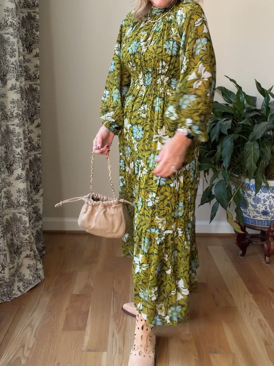 Long-Sleeve Mock-Neck Chiffon Maxi Dress