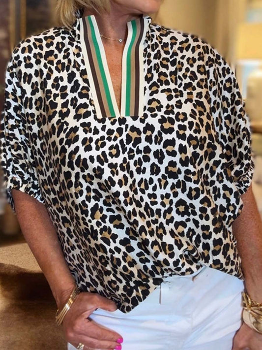 V Neck Batwing Sleeve Leopard Print Top