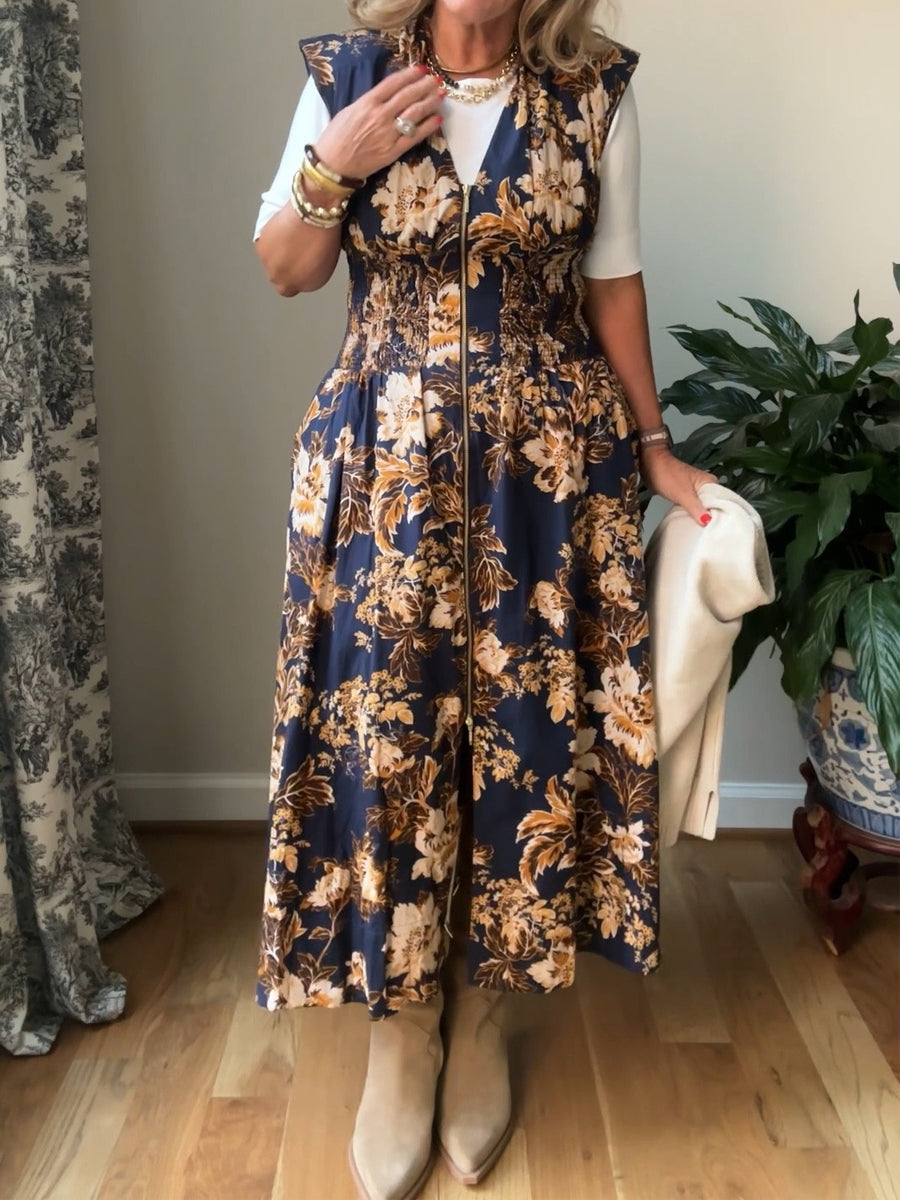 Printed V Neck Zip-Front Midi Dress