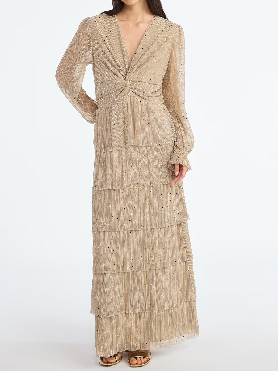 Twist Knot Glitter Ruffle Maxi Dress