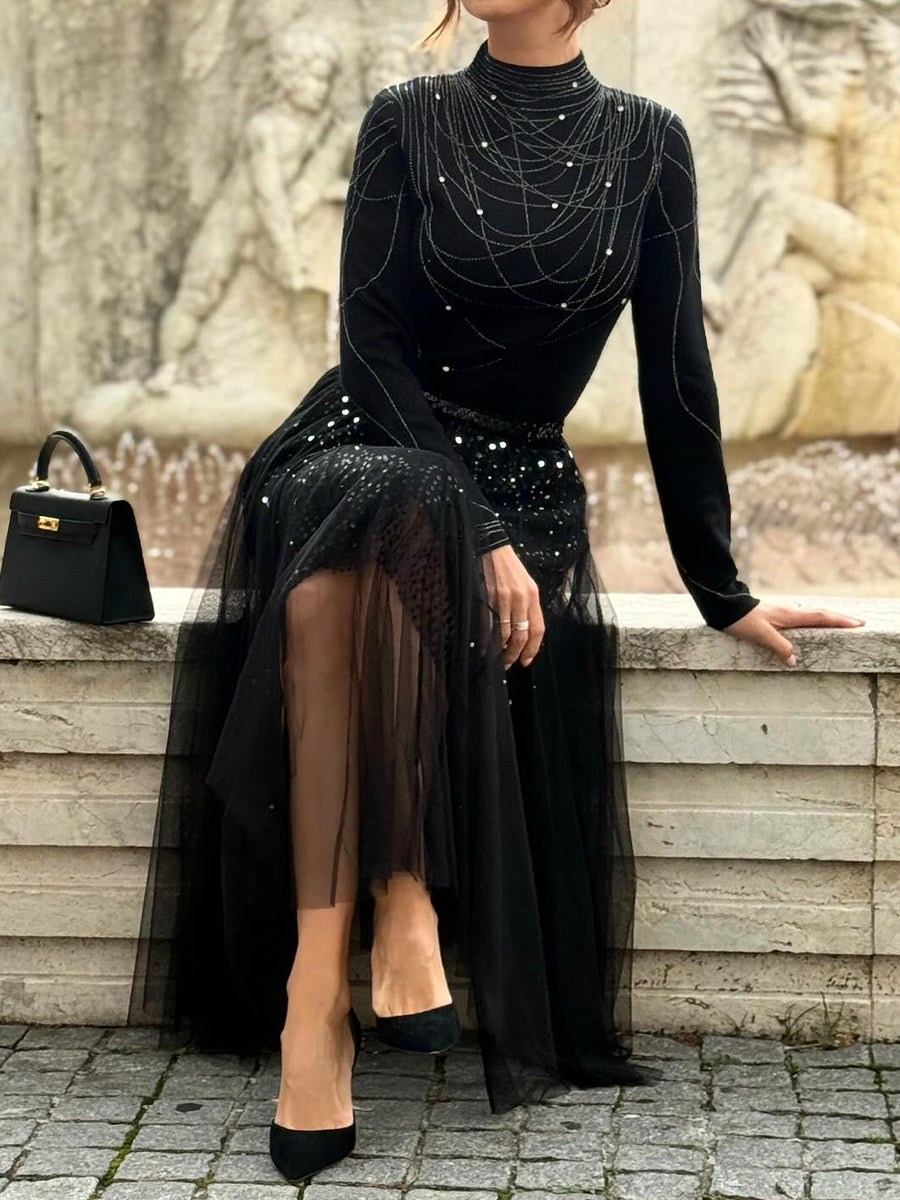 Knit Turtleneck Top & Sequined High Waist Skirt