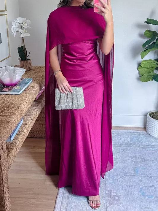 V-Neck Cape Satin Maxi Dress