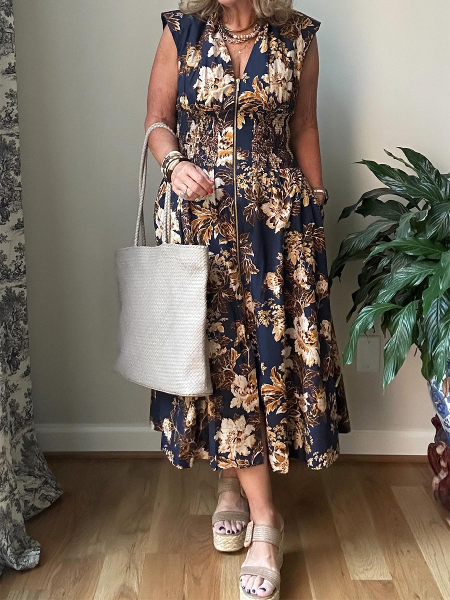 Printed V Neck Zip-Front Midi Dress