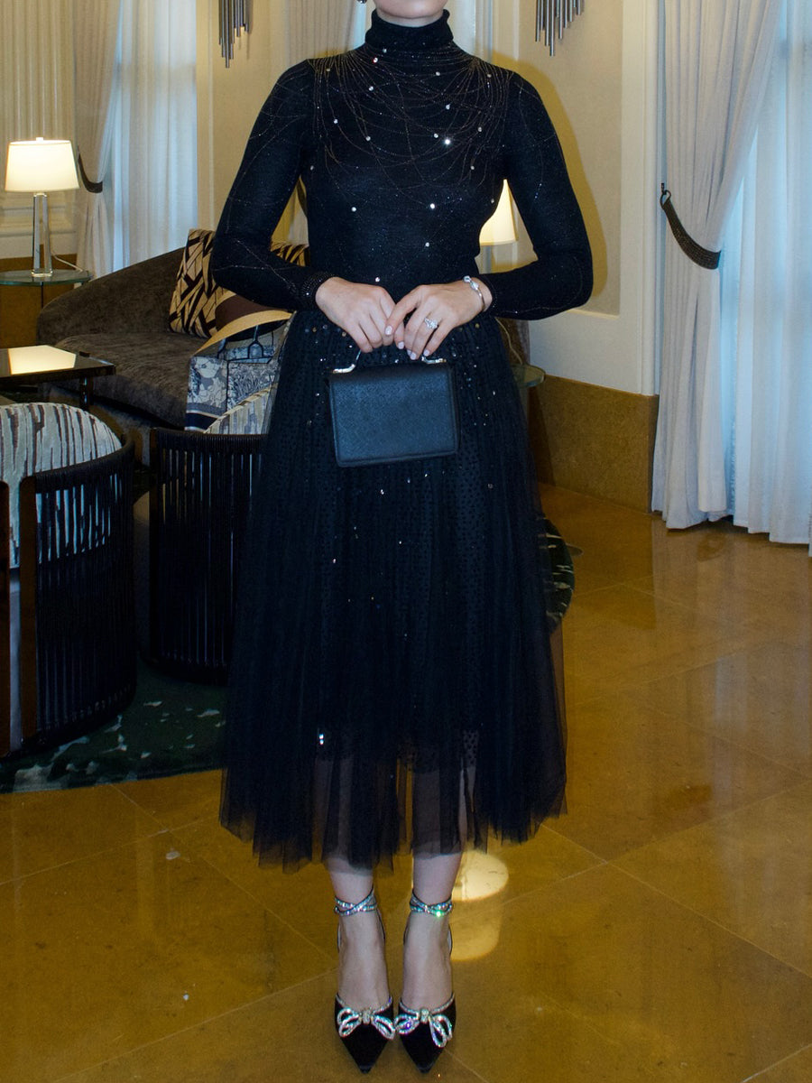 Knit Turtleneck Top & Sequined High Waist Skirt