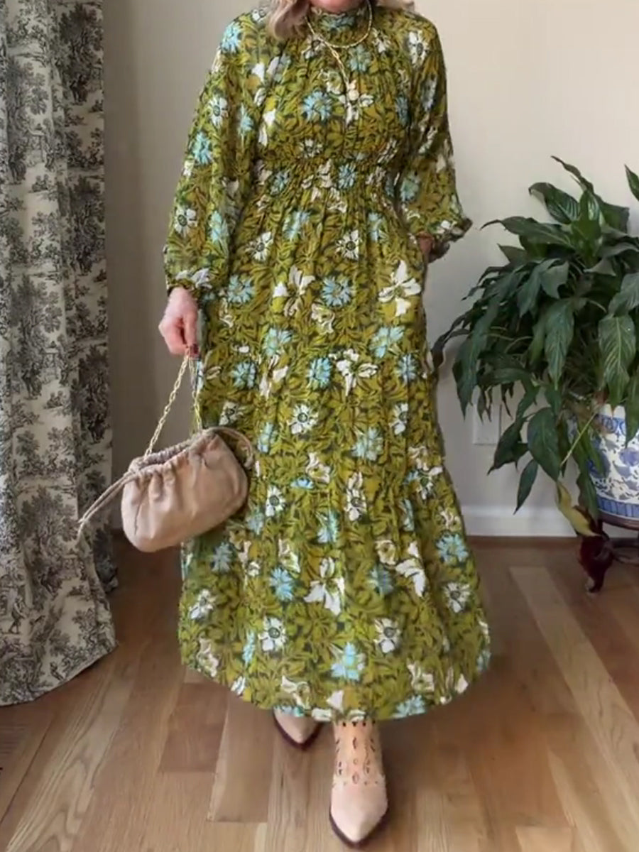 Long-Sleeve Mock-Neck Chiffon Maxi Dress