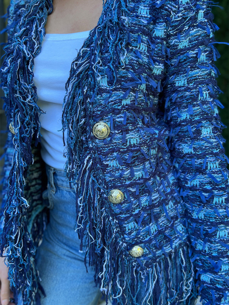 Open Front Tweed Pattern Fringe Jacket