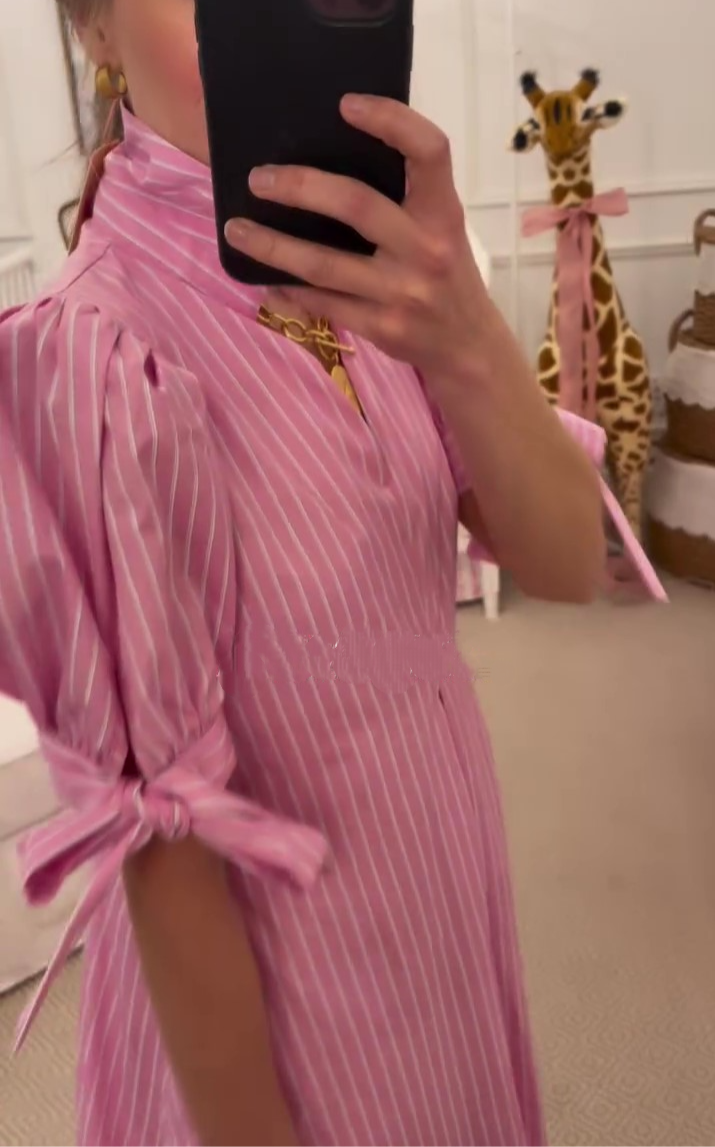 Bow Sleeve Pinstripe Maxi Dress