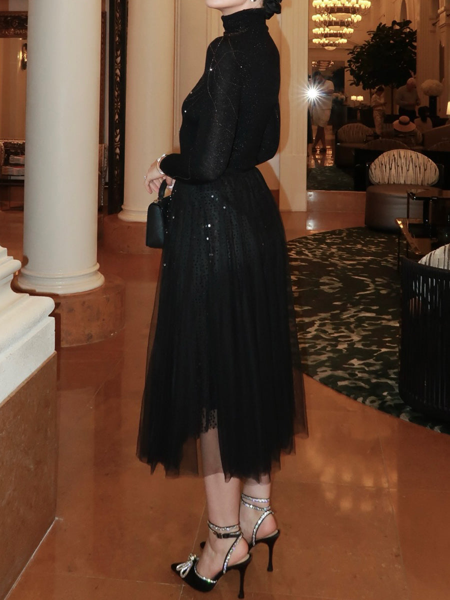 Knit Turtleneck Top & Sequined High Waist Skirt